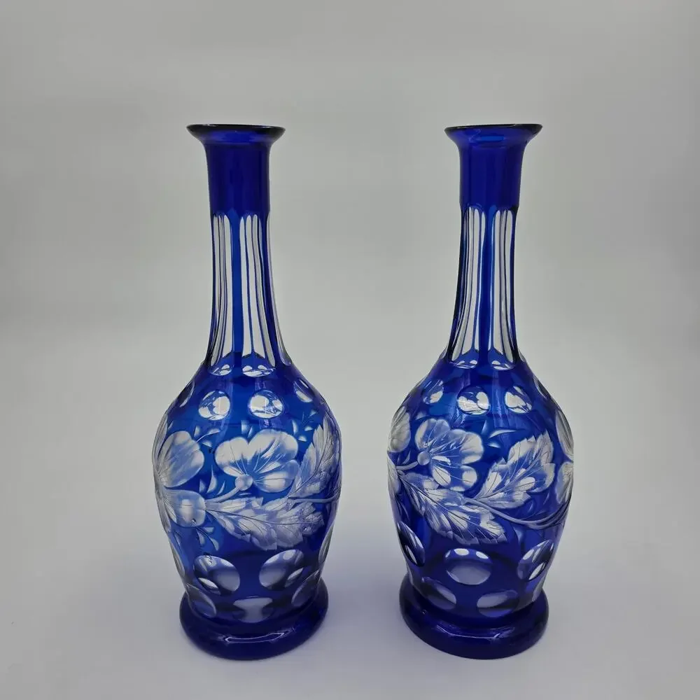 Vintage Bohemian Cobalt Blue Cut to Clear Glass Floral Dot Carafes - Pair 10.5